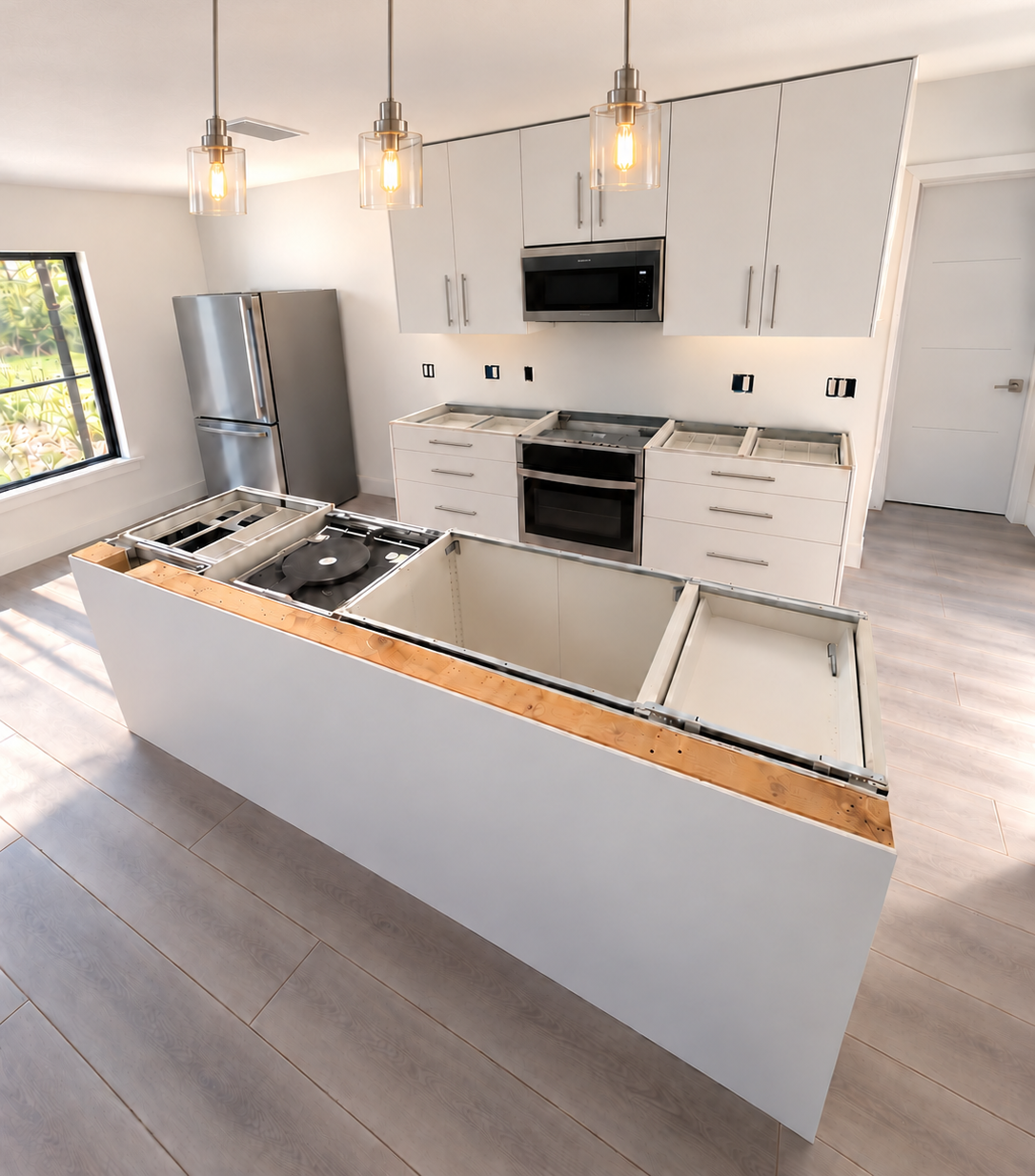 Kitchen and island before countertop installation